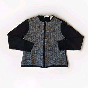 Lord & Taylor Cardigan Sweater Womens Petite Large Black White Full Zip Wool